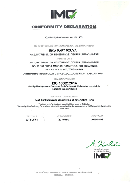 IMQ CERTIFICATE – ISO 10002 : 2014